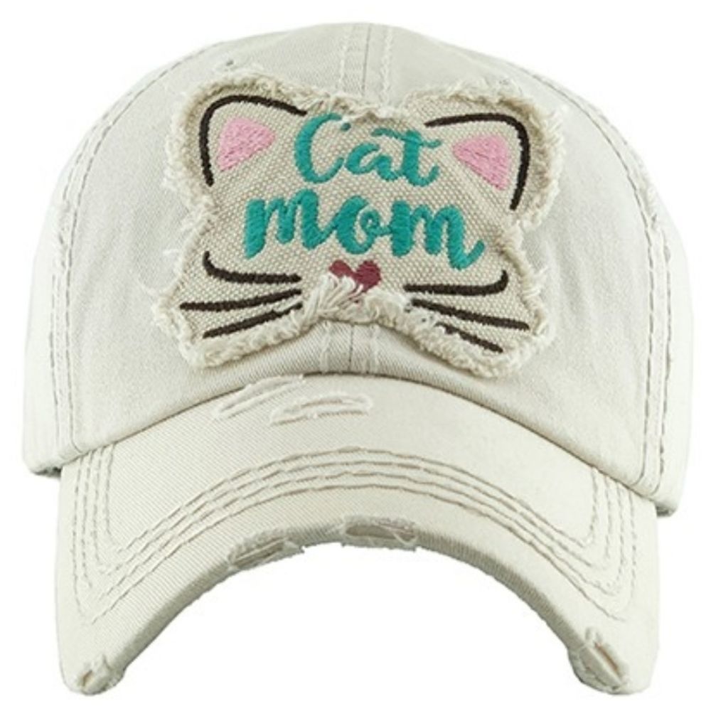 Cat Mom Baseball Cap Cat Hat Cream White Distressed Embroidered ALMOST SOLD OUT